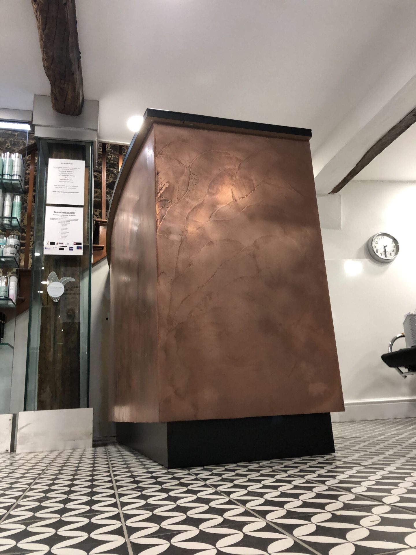 Novacolor Metallo Fuso Copper reception desk, salon design Surrey